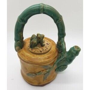Majolica Teapot Frog Bamboo Teapot Green Brown See!